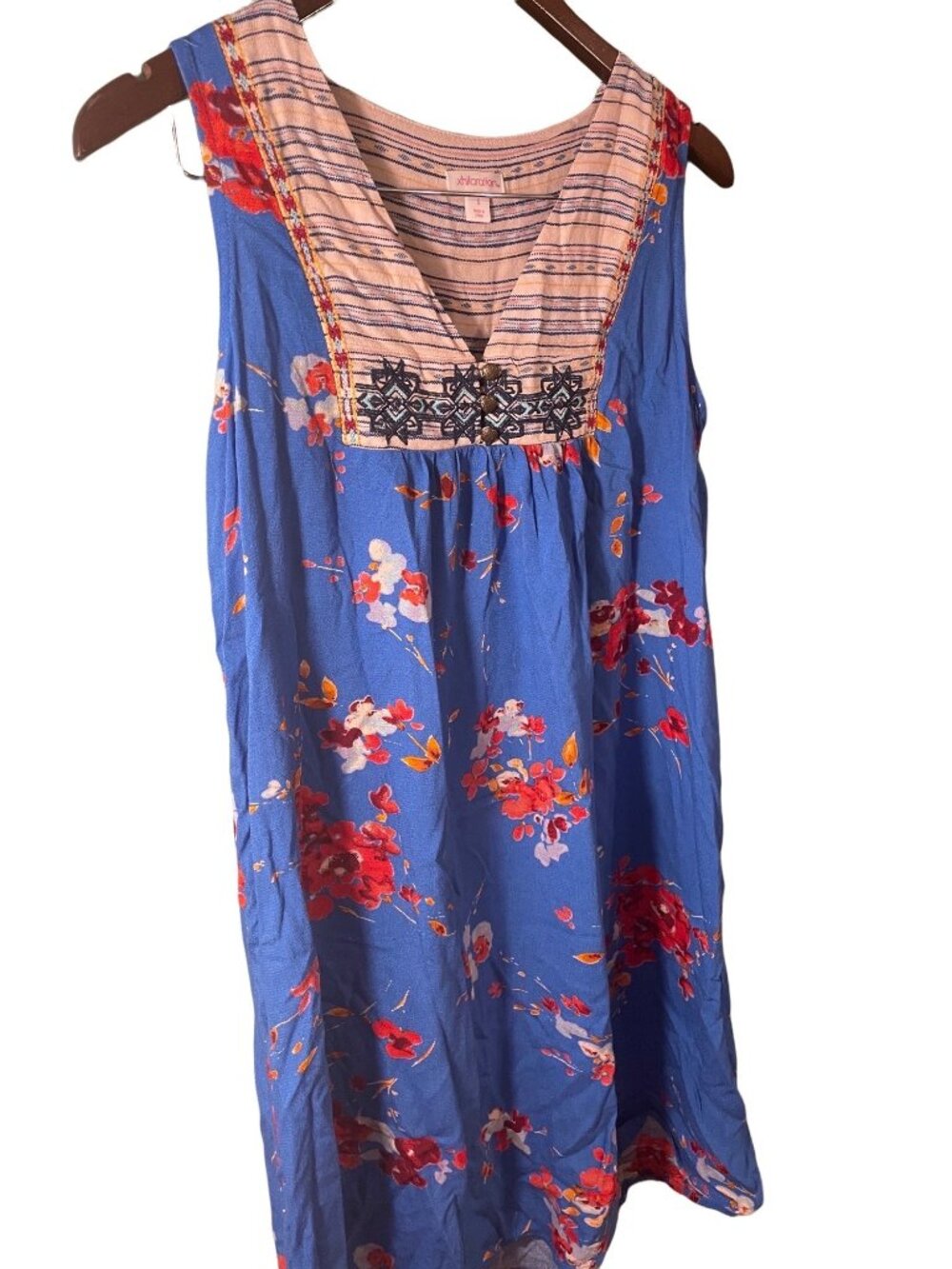 Xhilaration Womens Floral Sleeveless Dress S Blue & White Striped Neckline